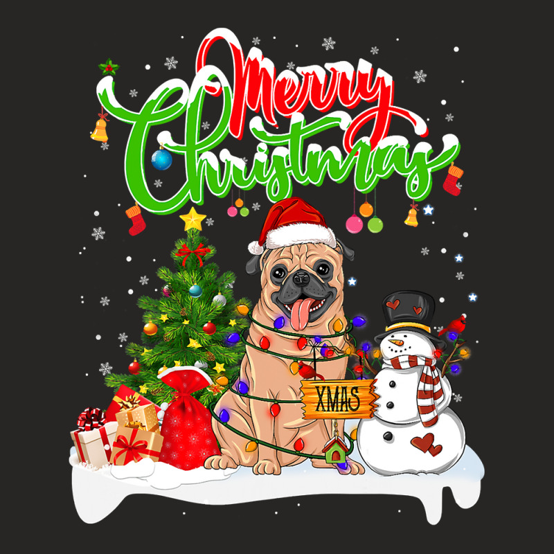 Pug Dog Xmas Lighting Matching Santa Pug Dog Wearing Christmas 165 Ladies Fitted T-Shirt by pester | Artistshot