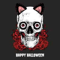 Skull Skeleton Rose Happy Halloween Kitty Ears Rose Skull Bones Ladies Fitted T-shirt | Artistshot