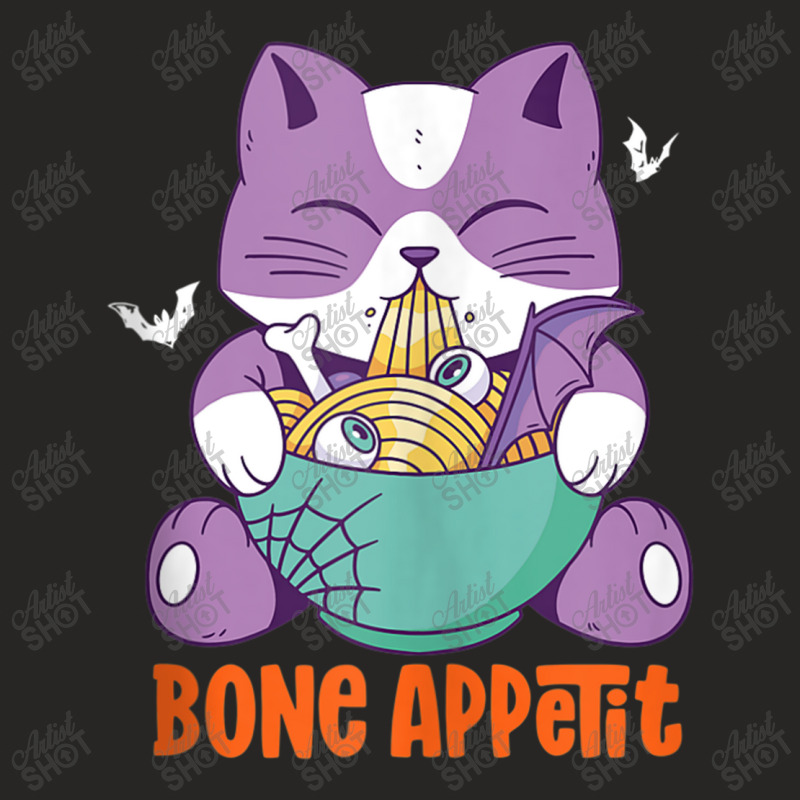 Funny Anime Cat Eat Bone Ramen Bon Appetit Halloween Puns Ladies Fitted T-Shirt by Valentino-Holt | Artistshot