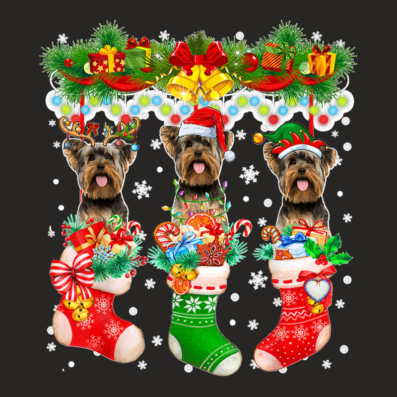 Three Santa Reindeer Elf Yorkshire Terriers In Xmas Socks Ladies Fitted T-Shirt by saterseim | Artistshot