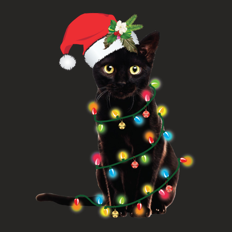 Black Santa Cat Tangled Up In Lights Christmas Santa Illustration Ladies Fitted T-Shirt by SusieTucker | Artistshot