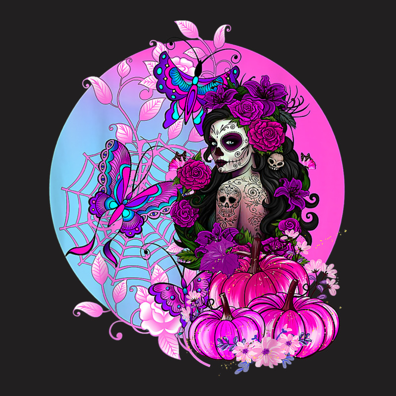 Pink Goth Halloween Sugar Skull With Spiderweb Butterflies T-shirt | Artistshot