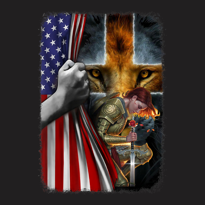 Woman Warrior Of Christian Jesus Lion American Cross Flag T-shirt | Artistshot