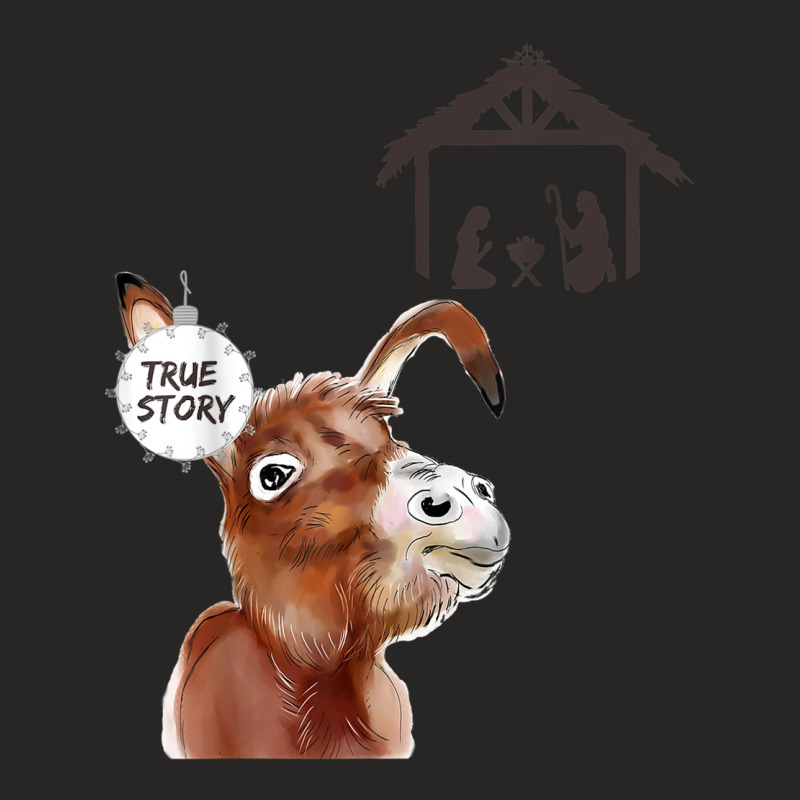 True Story Nativity Scene Merry Christmas Donkey Ladies Fitted T-Shirt by Sombre | Artistshot