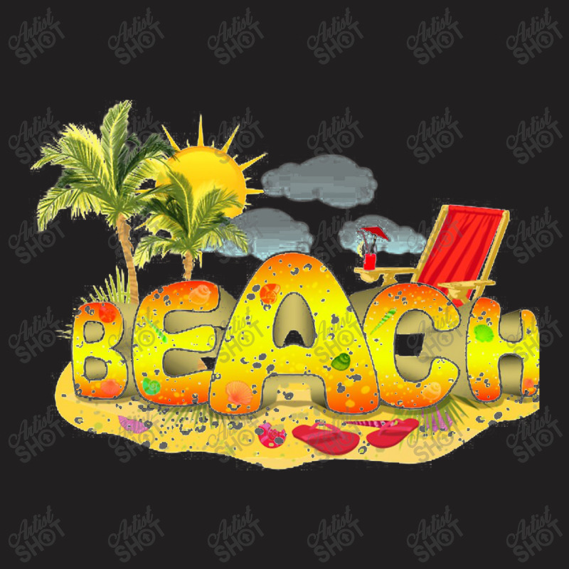 Multicolored Beach Word On Beach With Flip Flops  Coconut Palm Trees A T-shirt | Artistshot