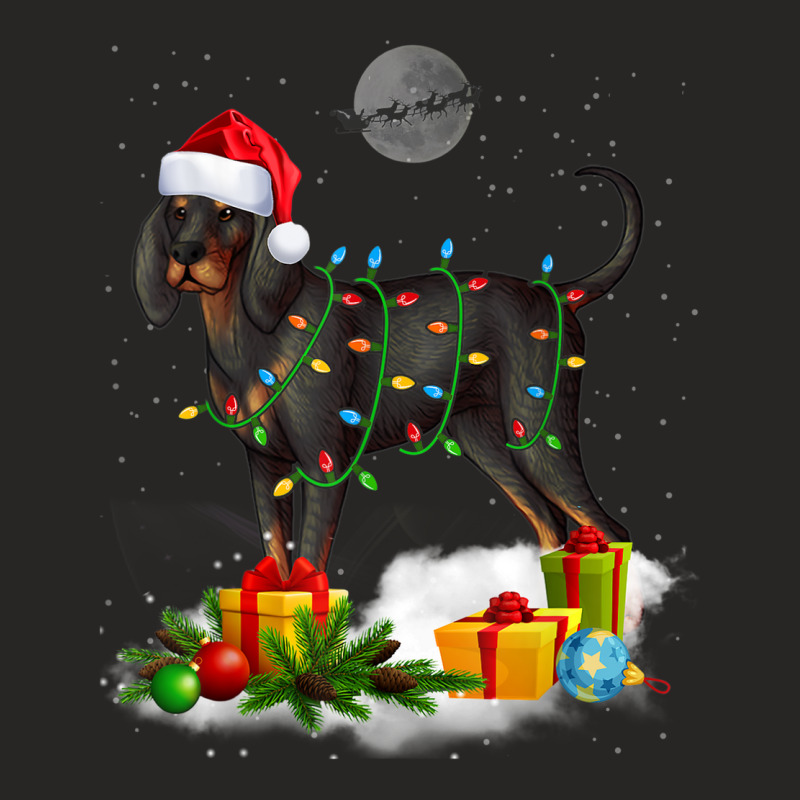 Funny Black And Tan Coonhound Dog Christmas Lights Santa Ladies Fitted T-Shirt by Clinical | Artistshot