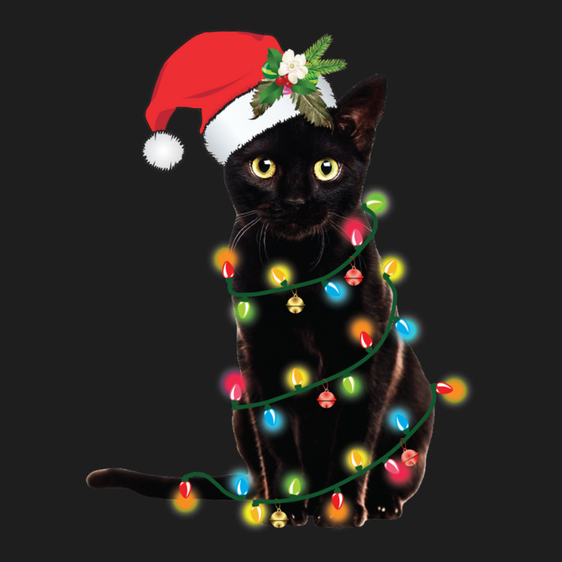 Black Santa Cat Tangled Up In Lights Christmas Santa Illustration Classic T-shirt by cm-arts | Artistshot