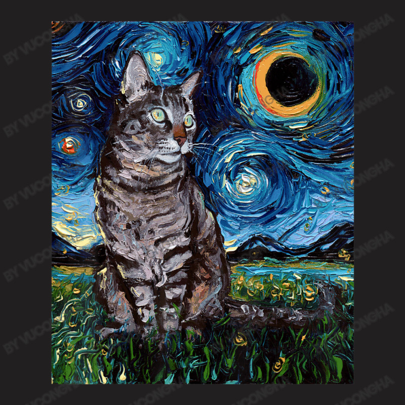 Gray Tabby Tiger Cat Starry Night Moon And Stars Art By Aja T-Shirt by vucongha | Artistshot