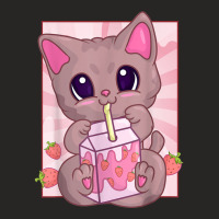 Strawberry Milkshake Cat For Women Girls, Kawaii Maneki Neko T Shirt Ladies Fitted T-shirt | Artistshot