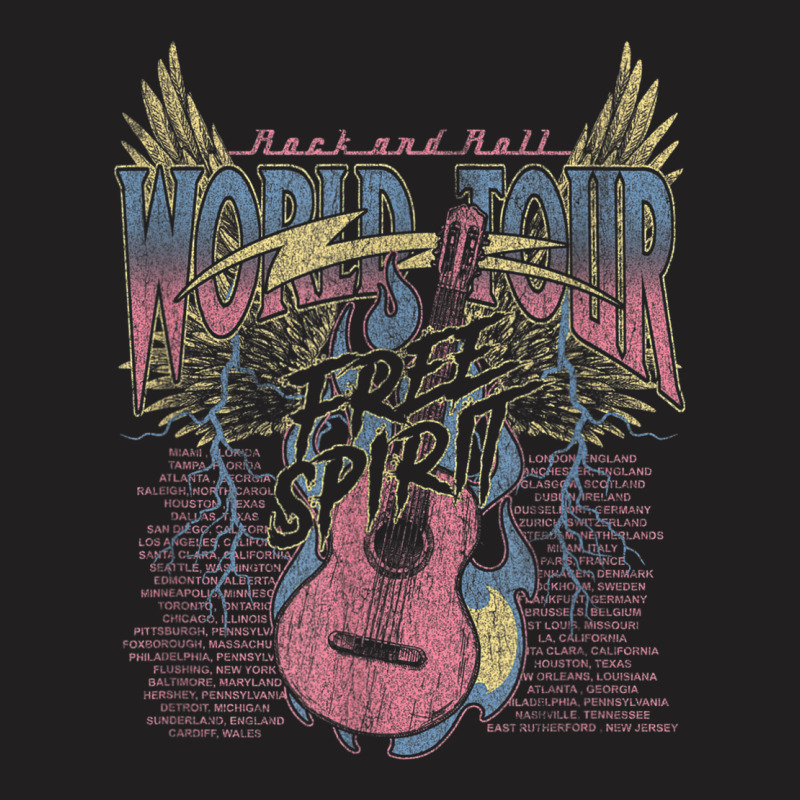 Rock & Roll Free Spirit World Tour Guitar Fire Wings Thunder T-Shirt by Queens | Artistshot