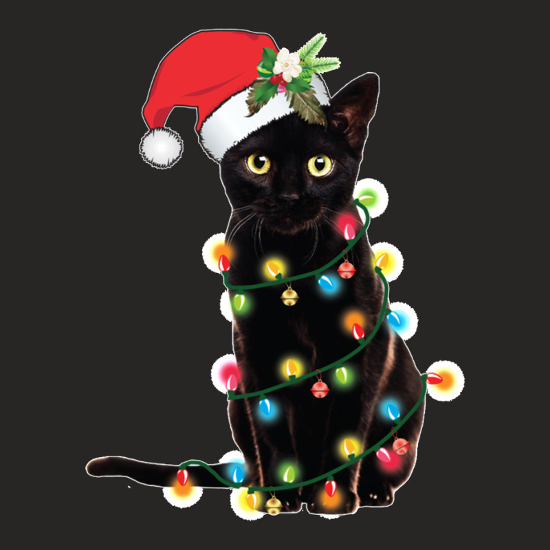 Black Santa Cat Tangled Up In Lights Christmas Santa Ladies Fitted T-Shirt by cm-arts | Artistshot