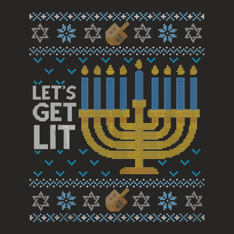 Funny Hanukkah Ugly Sweater Jewish Gift Lets Get Lit Menorah Ladies Fitted T-Shirt by WZ90 | Artistshot