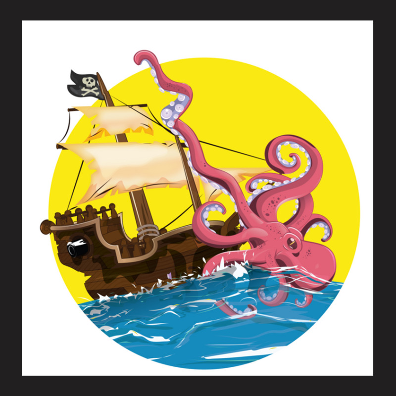 Cartoon Pirate Ship Giant Squid Attack! T-Shirt by saterseim | Artistshot