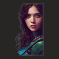 Woman Wavy Brown Hair Green Eyes Sci Fi Futuristic Armor Ladies Fitted T-shirt | Artistshot