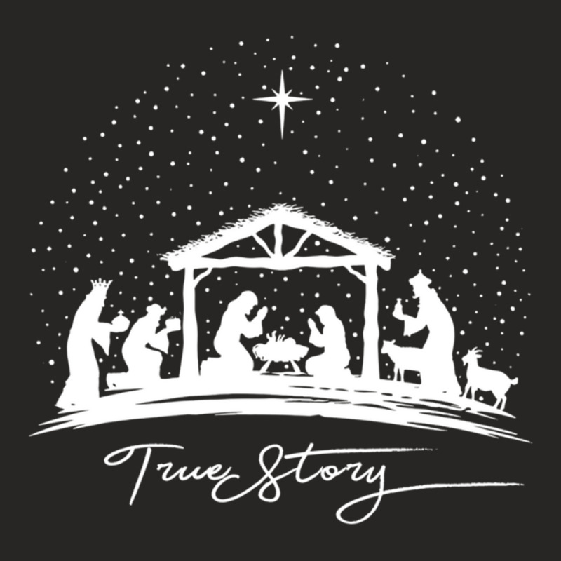 True Story Nativity Christmas Baby Jesus Manger Catholic Pullover Hood Ladies Fitted T-Shirt by cm-arts | Artistshot