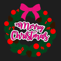 Green Red And Pink Wreath With Merry Christmas Text Overlay Classic T-shirt | Artistshot