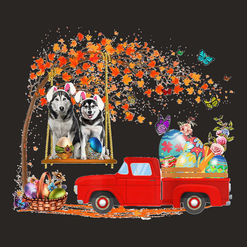 Husky Wearing Bunny Ear Red Truck With Eggs Ladies Fitted T-Shirt by MarlonChristopherMoyer | Artistshot