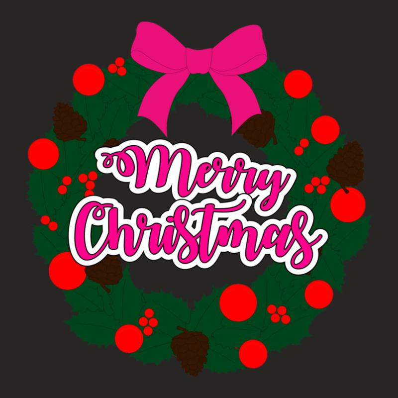 Green Red And Pink Wreath With Merry Christmas Text Overlay Ladies Fitted T-Shirt by TonyBanks | Artistshot