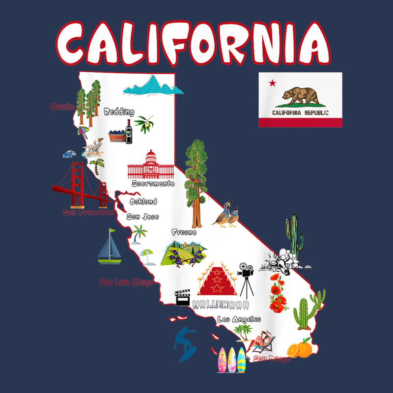 Map Of California Landmarks, Major Cities, Flag Men Denim Jacket | Artistshot