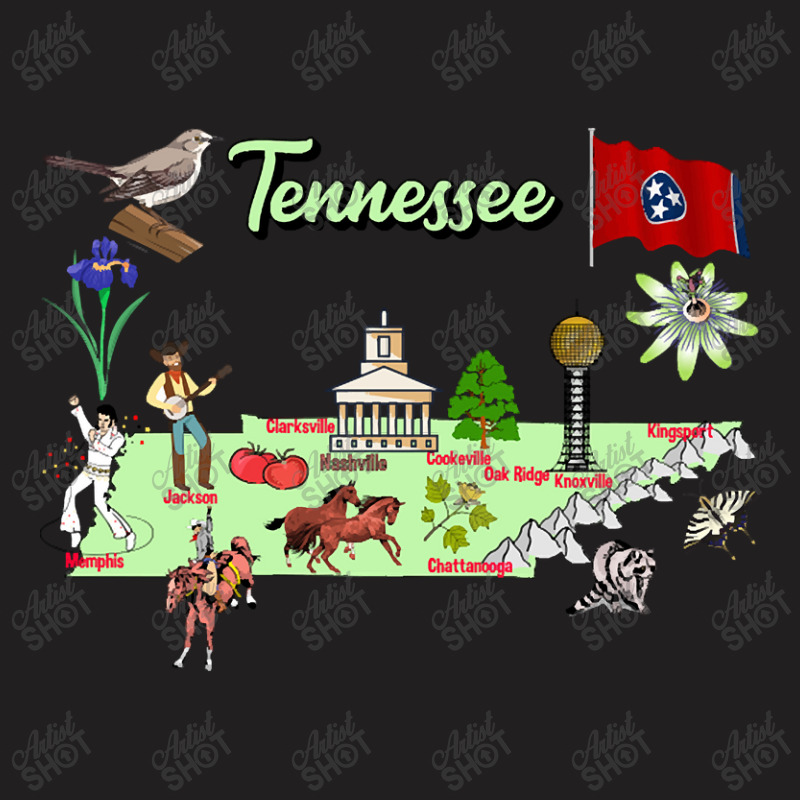 Hand Drawn Illustration Of Tennessee Map With Tourist Destinations, Us T-shirt | Artistshot