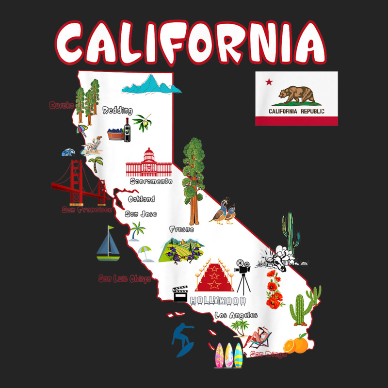 Map Of California Landmarks, Major Cities, Flag 3/4 Sleeve Shirt | Artistshot