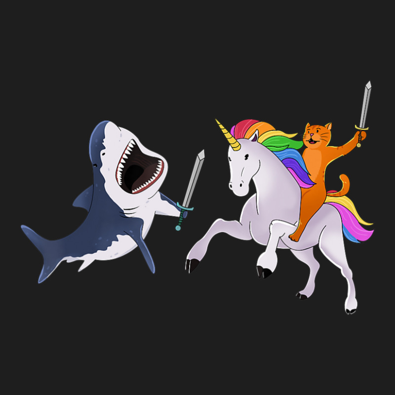 Funny Cat Riding Magical Unicorn Sword Fighting Shark Classic T-shirt by yumgaugeteuda | Artistshot