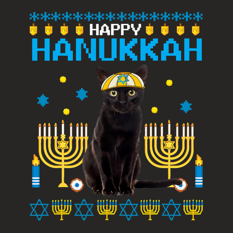 Black Cat Chanukah Jewish Ugly Hanukkah Sweater Pajama Ladies Fitted T-Shirt by Davidartist | Artistshot