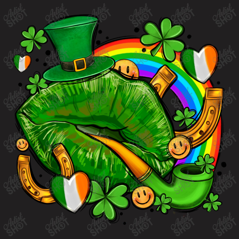St Patricks Lips With Horseshoe Rainbow And Shamrocks T-shirt | Artistshot