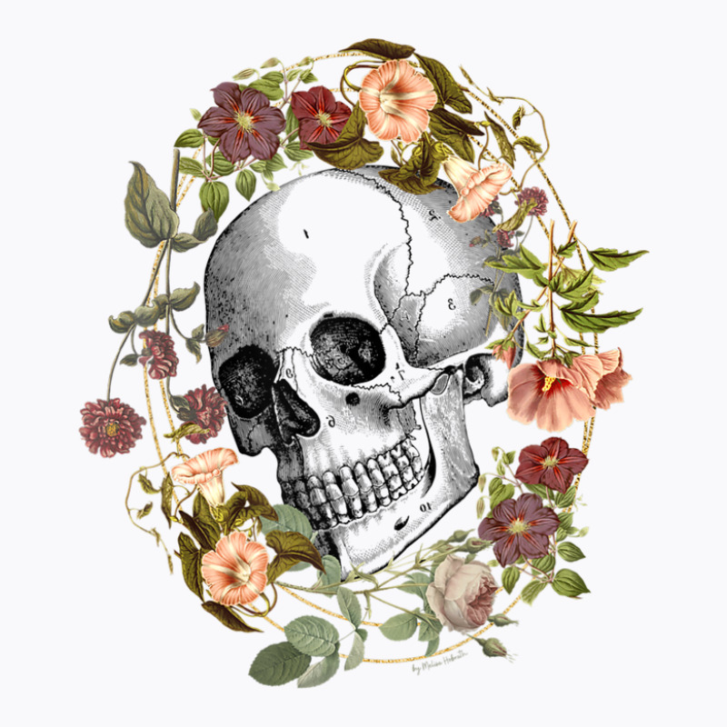 Vintage Flowers Black Skull Art By The Rebellious Gardener T-shirt | Artistshot