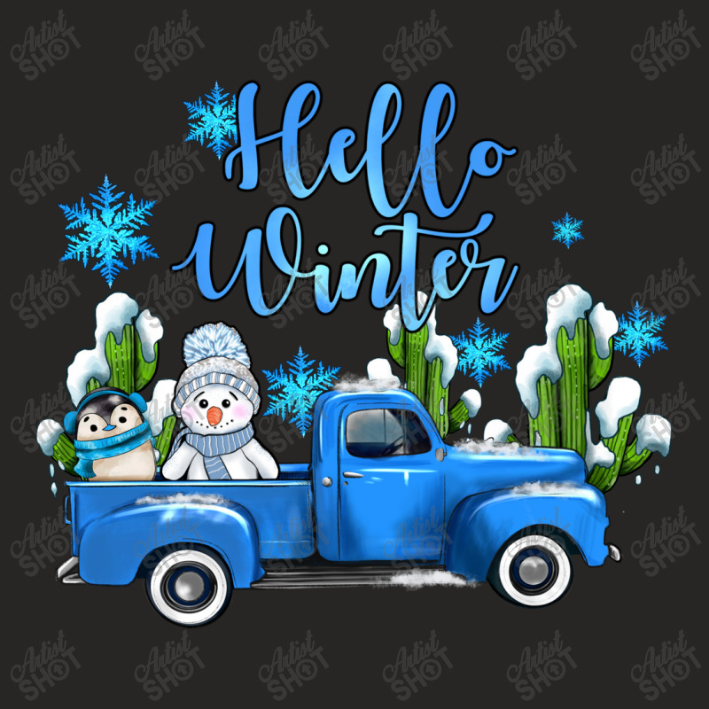 Hello Winter With Sniwman And  Truck Ladies Fitted T-Shirt by AdoDesignShop | Artistshot