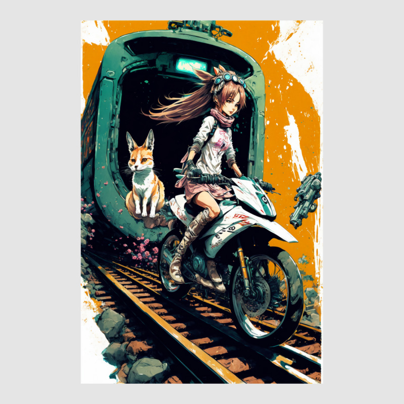 Japanese Anime Girl Riding A Bike On The Train Track Exclusive T-shirt by ilmursaifouz | Artistshot