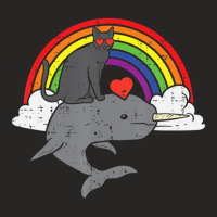 Limited Edition Black Cat Riding Narwhale Rainbow Heart Valentines Day Ladies Fitted T-shirt | Artistshot