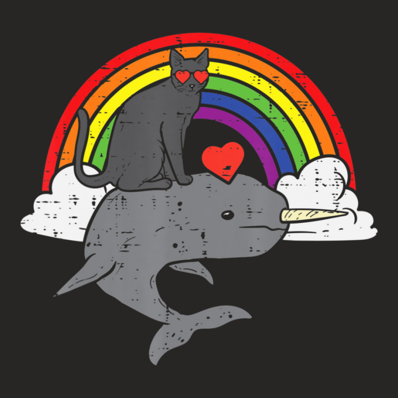 Limited Edition Black Cat Riding Narwhale Rainbow Heart Valentines Day Ladies Fitted T-Shirt by Estrada Link | Artistshot