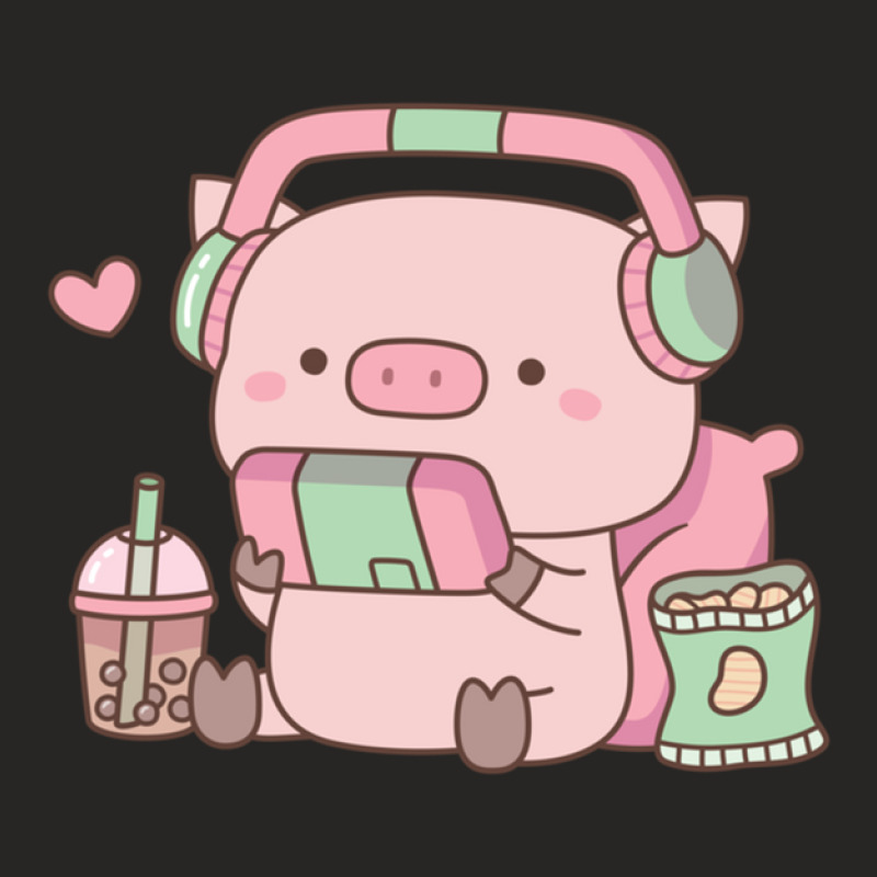 Cute Little Piggy Gamer With Headphones Ladies Fitted T-Shirt by MarkBressi | Artistshot