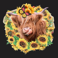 Highland Cow Sunflower Butterfly Farm Animals Western Heifer 141 T-shirt | Artistshot