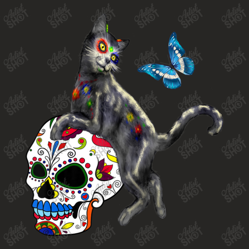 Day Of The Dead Cat Sugar Skull And Butterfly Ladies Fitted T-Shirt by kimblejoettaefd | Artistshot