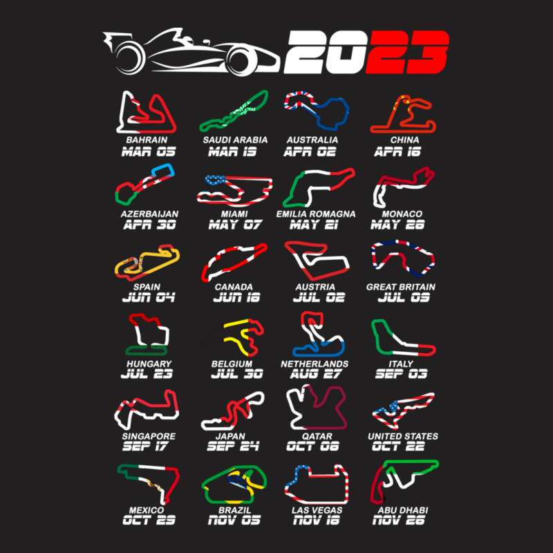 Calendar Formula Race Cars 2023 Circuits Colors T-shirt | Artistshot