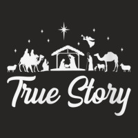 Womens True Story Nativity Scene Manger Jesus Chri Ladies Fitted T-shirt | Artistshot