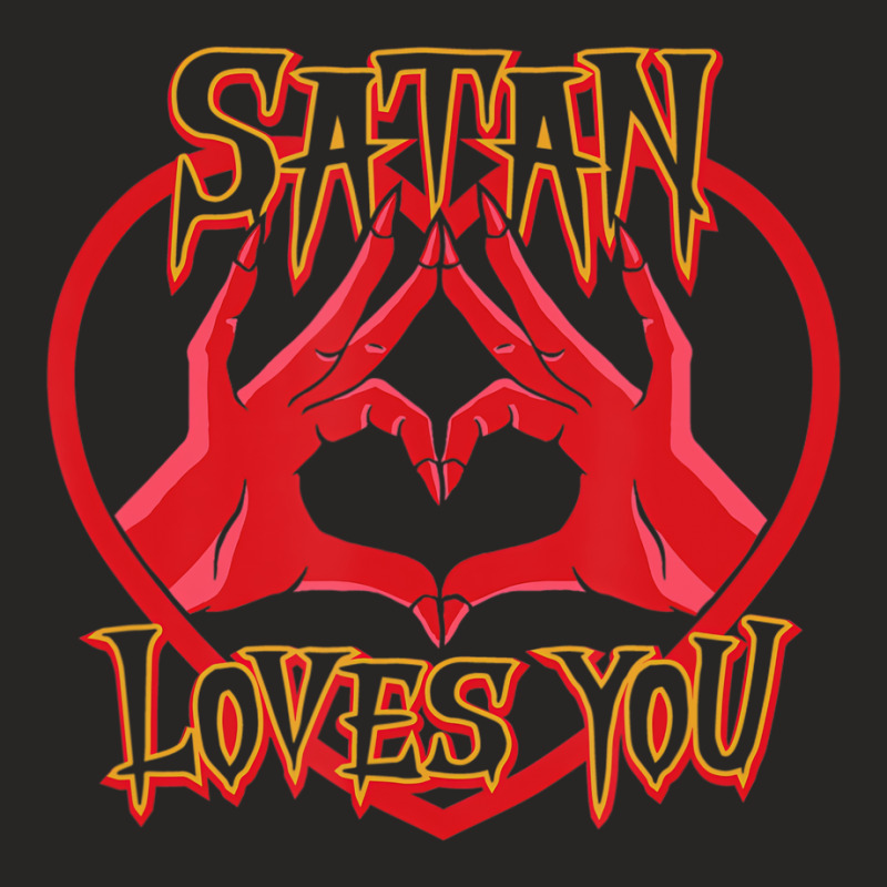 Satan Loves You Demon Hands In Heart Shape Funny D Ladies Fitted T-Shirt by holden | Artistshot