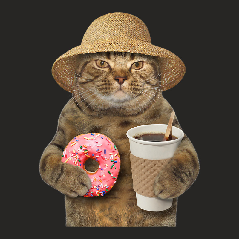 Funny Brown Cat With Coffee And Donut Ladies Fitted T-Shirt by ArtemiCranfor | Artistshot