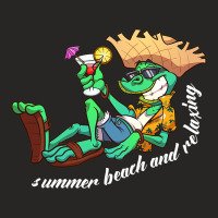 Cartoon Cute Iguana On The Summer Beach With Cockt Ladies Fitted T-shirt | Artistshot