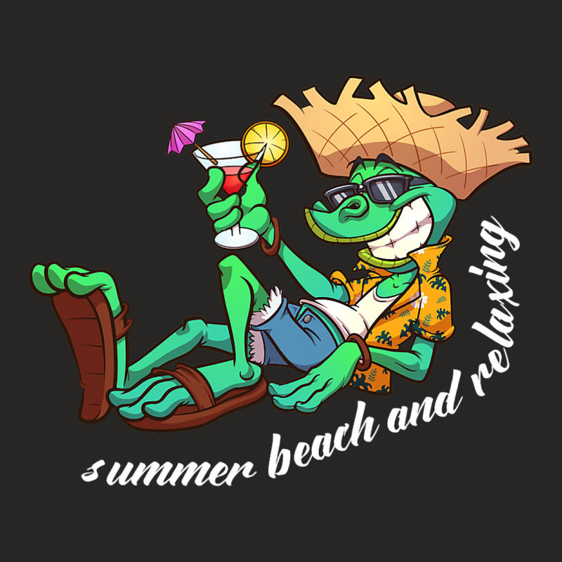 Cartoon Cute Iguana On The Summer Beach With Cockt Ladies Fitted T-Shirt by TrulyEnjoy | Artistshot