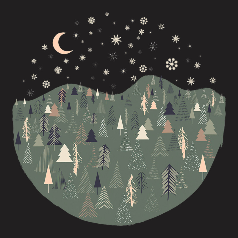 Forest Trees Autumn Winter Night Snowing Star Moon T-shirt | Artistshot