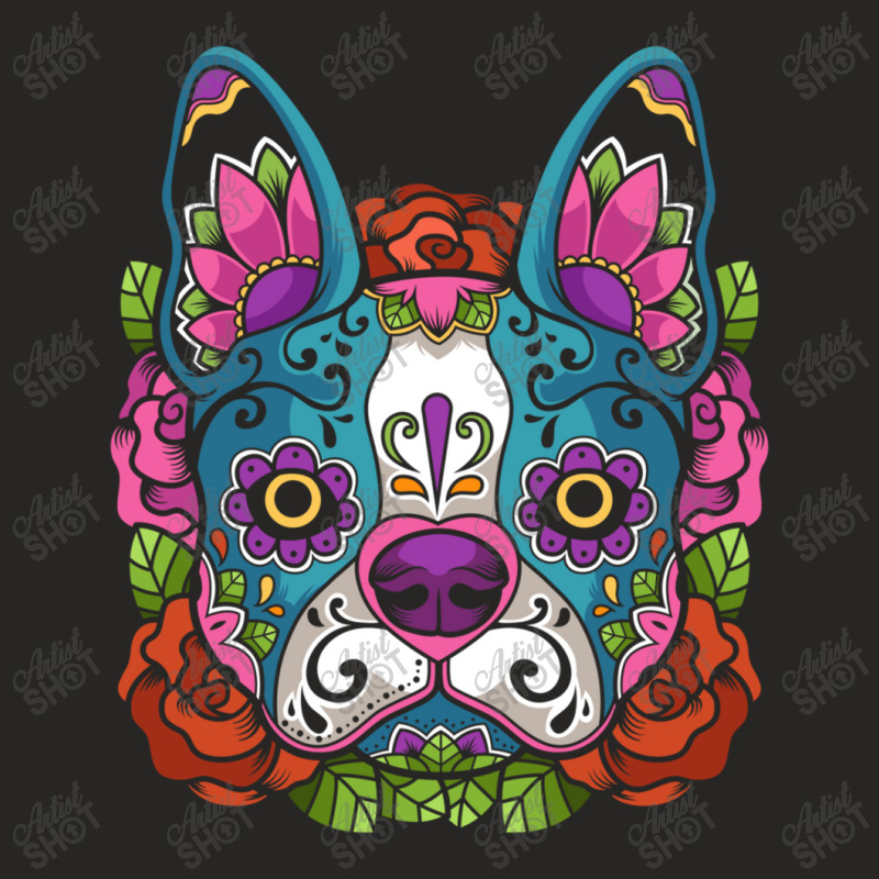 Boston Terrier Sugar Skull Dog Calavera Dia De Los Muertos Long Sleeve Ladies Fitted T-Shirt by Yuh2105 | Artistshot