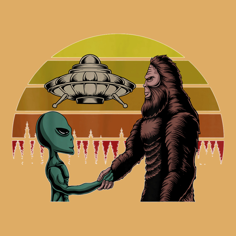 Alien With Ufo Shake Hands With Bigfoot In Sunset T Shirt Urban Heavy T-shirt | Artistshot