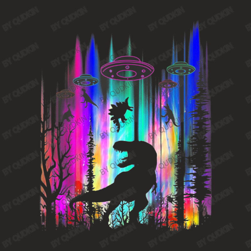 Alien Ufo T-rex Abduction Colorful Forest Ladies Fitted T-Shirt by Qudkin | Artistshot