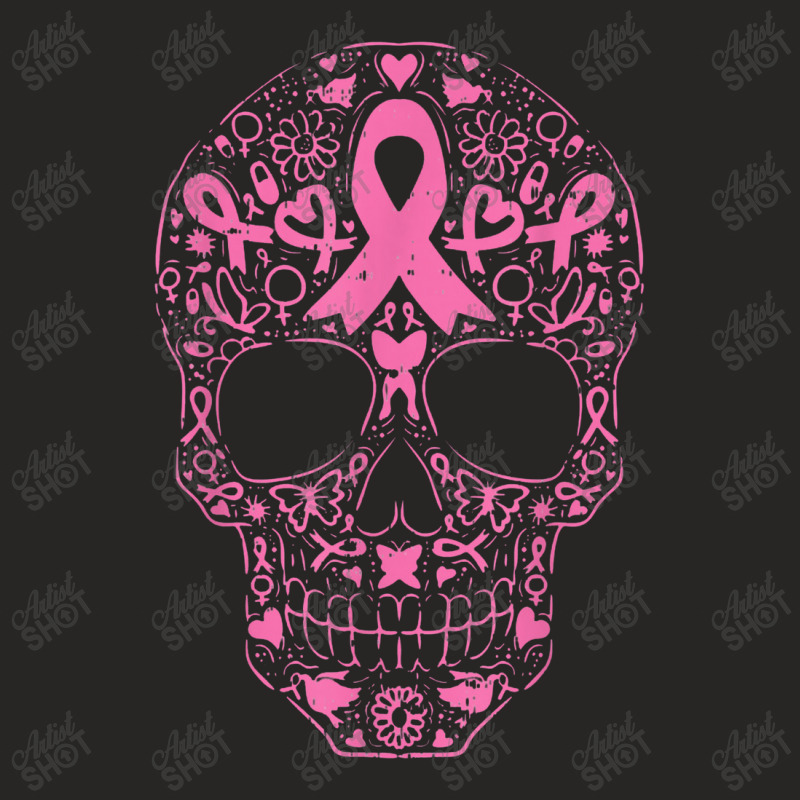 Sugar Skull Pink Ribbon Calavera Breast Cancer Awareness Ladies Fitted T-Shirt by duniaperi | Artistshot