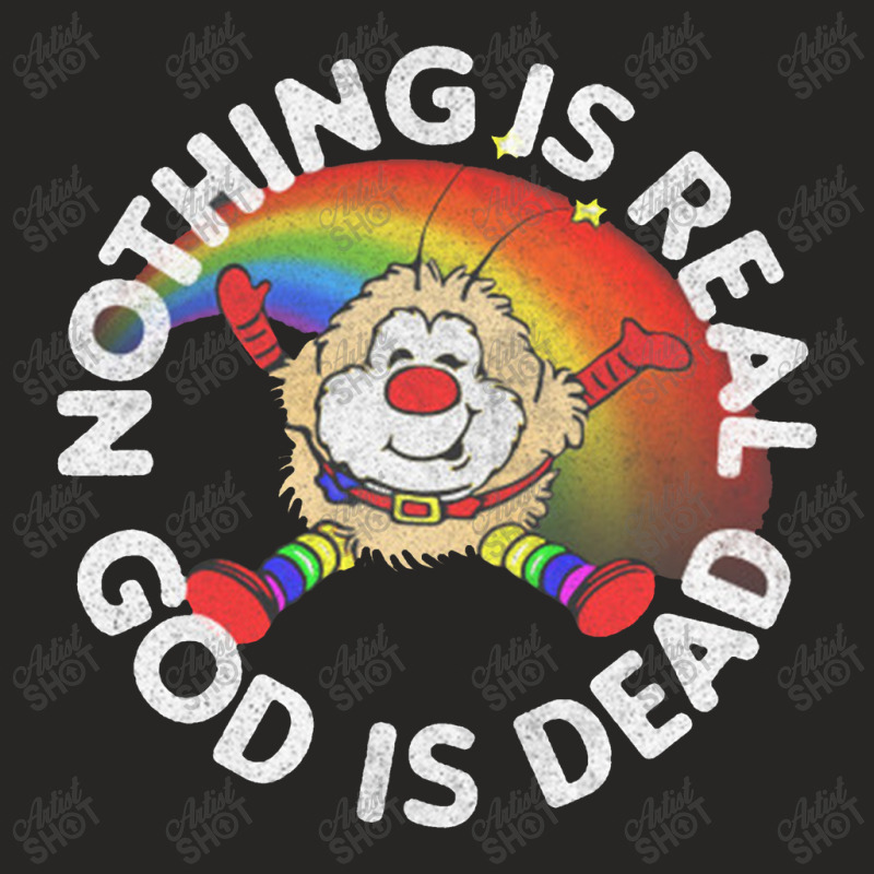 Nothing Is Real God Is Dead  Faded 80s Nihilist Rainbow Design Ladies Fitted T-Shirt by qulonuhun | Artistshot