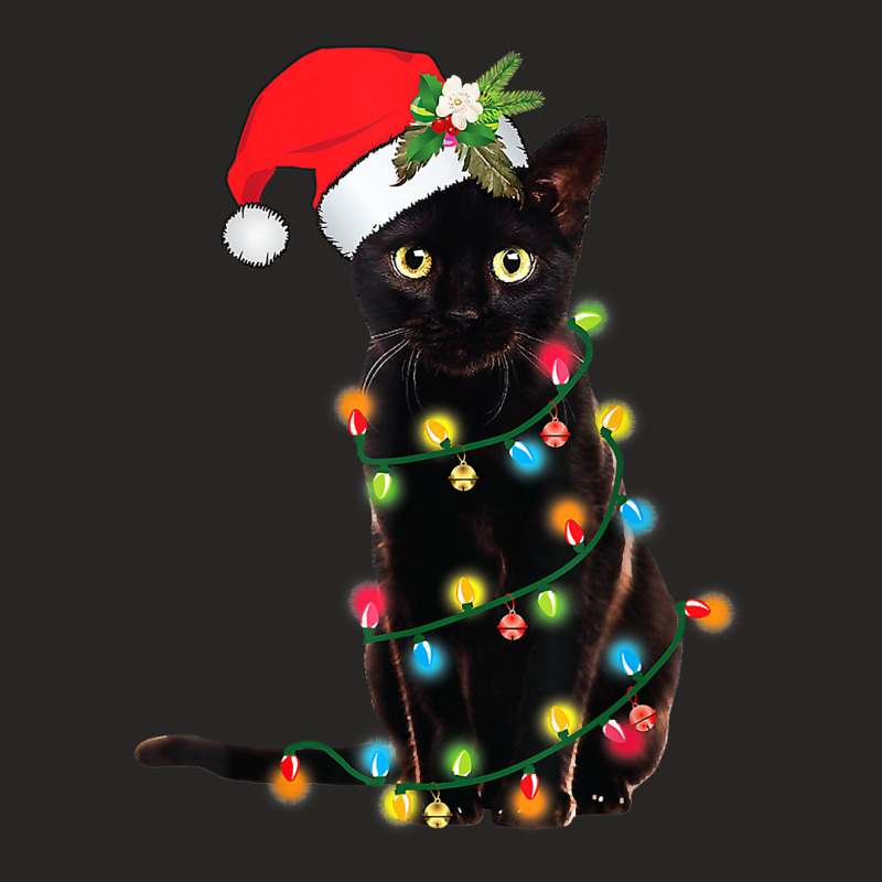 Cat Santa Black Cat Up In Christmas Tree Lights Holiday35 Ladies Fitted T-Shirt by hopelessoon | Artistshot