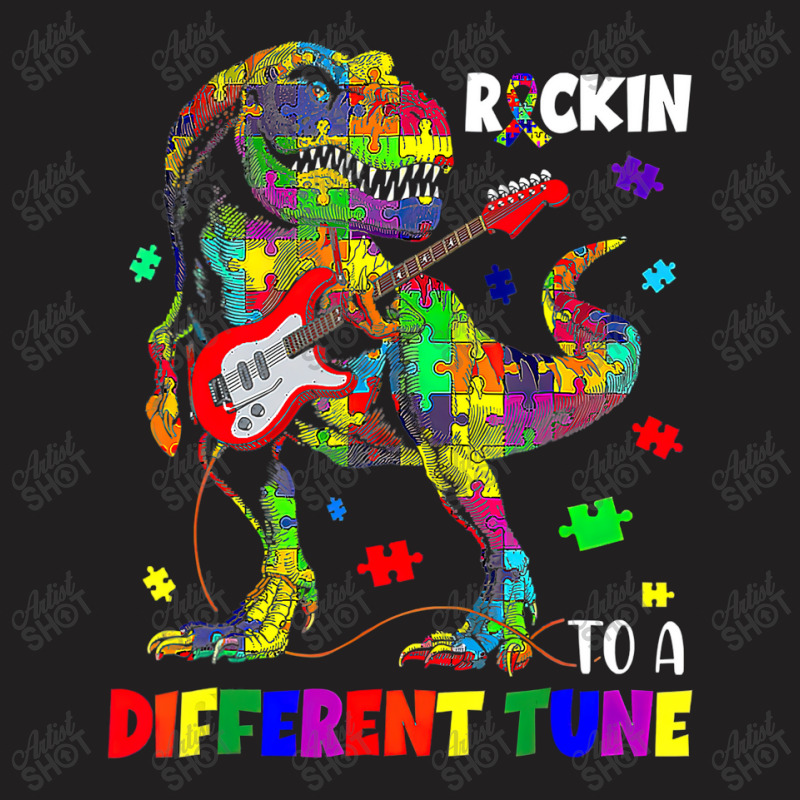 Rockin To A Different Tune Autism Awareness Trex Dinosaur T-Shirt by LeiThompson | Artistshot